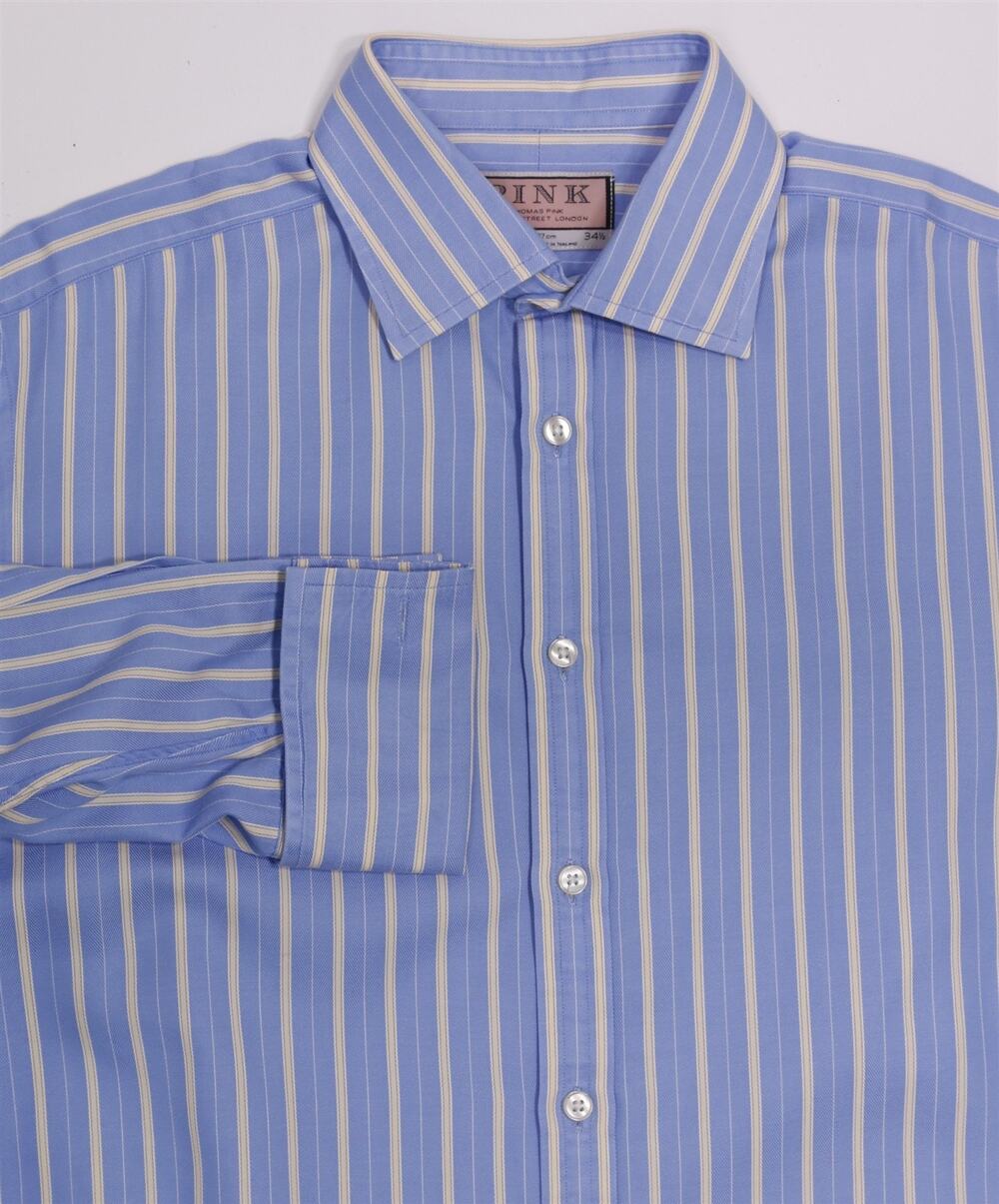 Thomas Pink Blue Yellow Herringbone Stripes Cotton Dress Shirt (41) 16-34/35